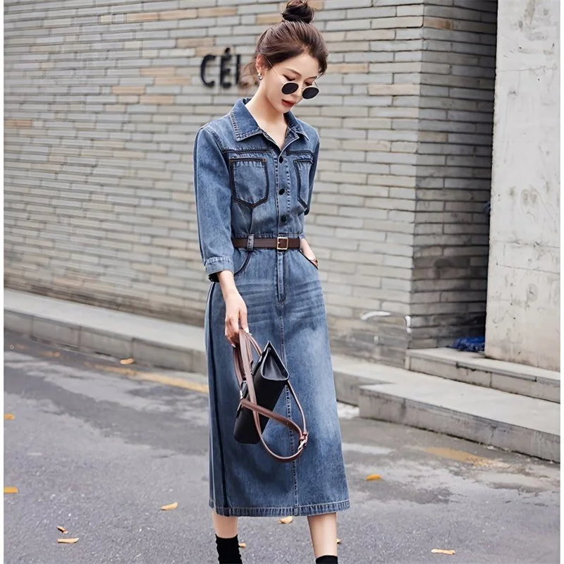 الكورية الإناث كاوبوي فستان ربيع الخريف المرأة فضفاضة الدنيم Vestidos السيدات موضة الترفيه الجينز قمصان فساتين طويلة حزام