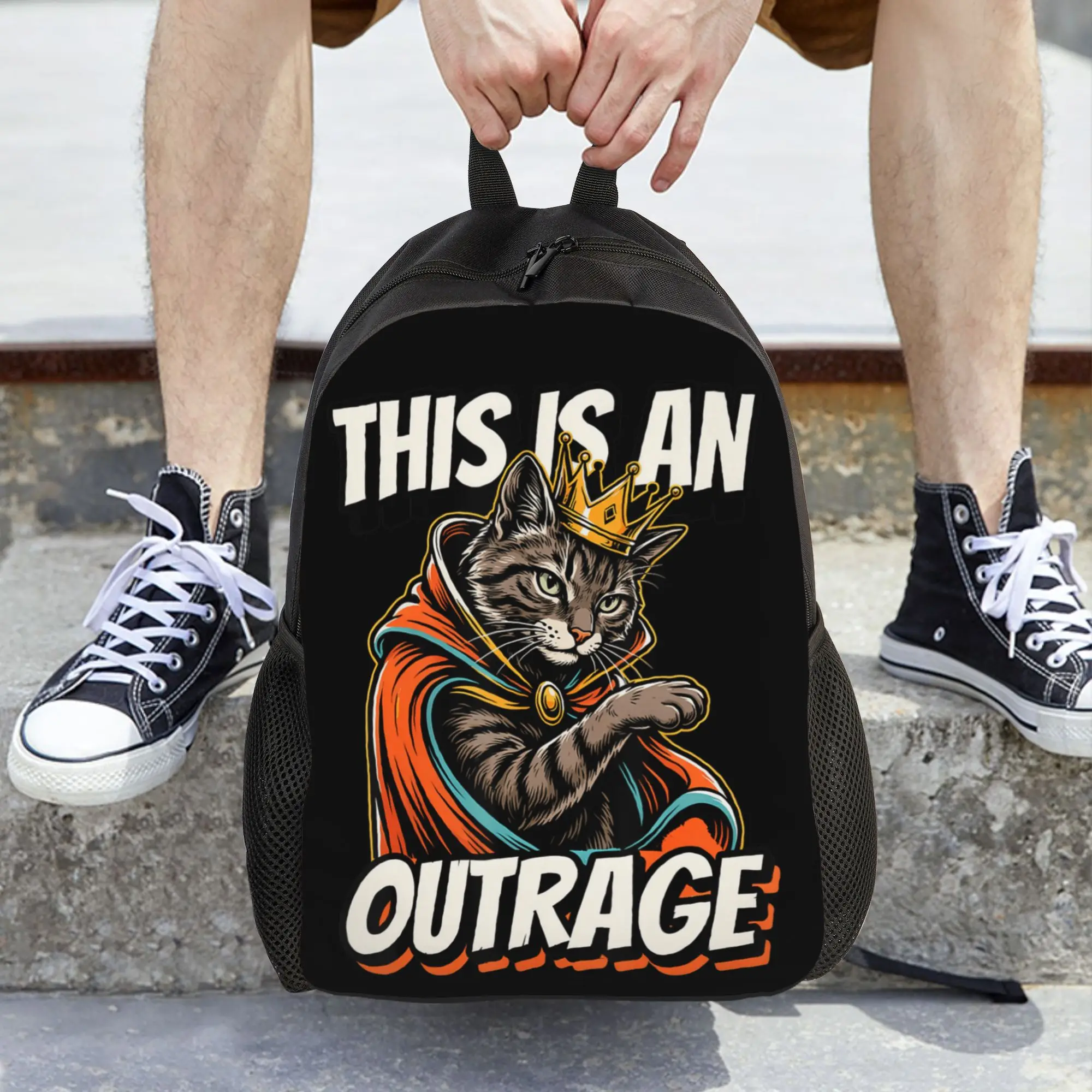 This is an Outrage Funny Princess Cat Goddammit Donut Gold Backpack  Male Polyester Trekking Backpacks Big Cute School Bags
