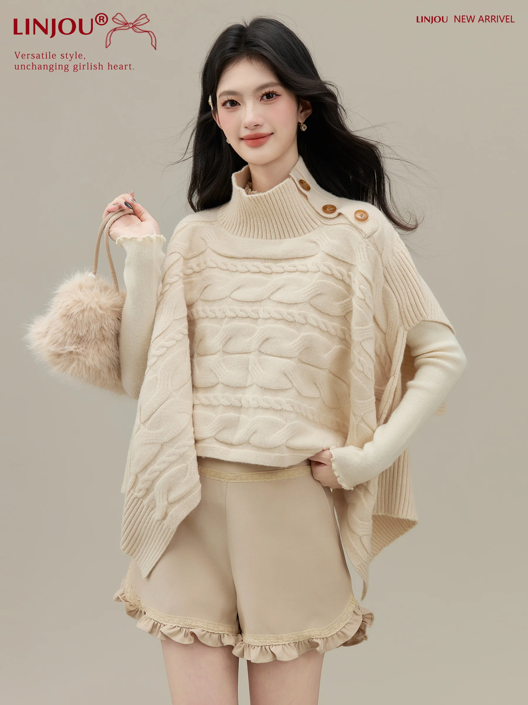 

Женский свободный зимний свитер-кафтан Lingjiu Poem из шелковистого трикотажа с высоким воротником, из полиэфирного волокна, с длинными рукавами