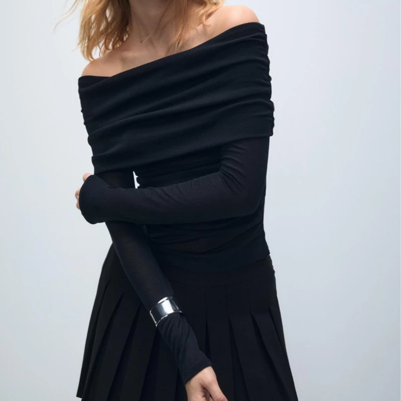 

Women Sexy Off Shoulder Long Sleeved T-Shirt Solid Elegant Fashion New Spicy Slim Tops Turn Down Collar Blouse Autumn Spring