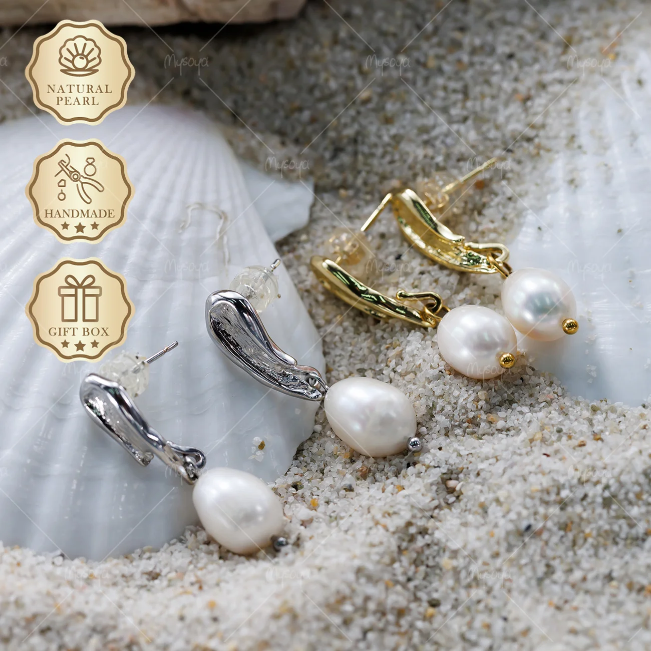 MYSOYA Pendientes de perlas de arroz blancas de 7-8 mm/8-9 mm, pendientes con diseño de pincelada en oro/plata, caja de regalo S461