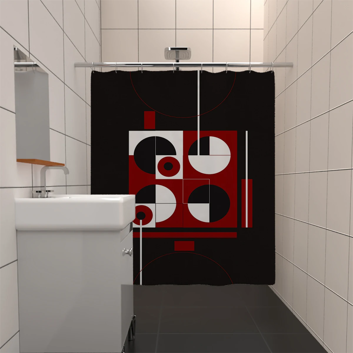 180x180cm bathroom waterproof polyester shower curtain, mold resistant, perforated with hooks, red and white block printing