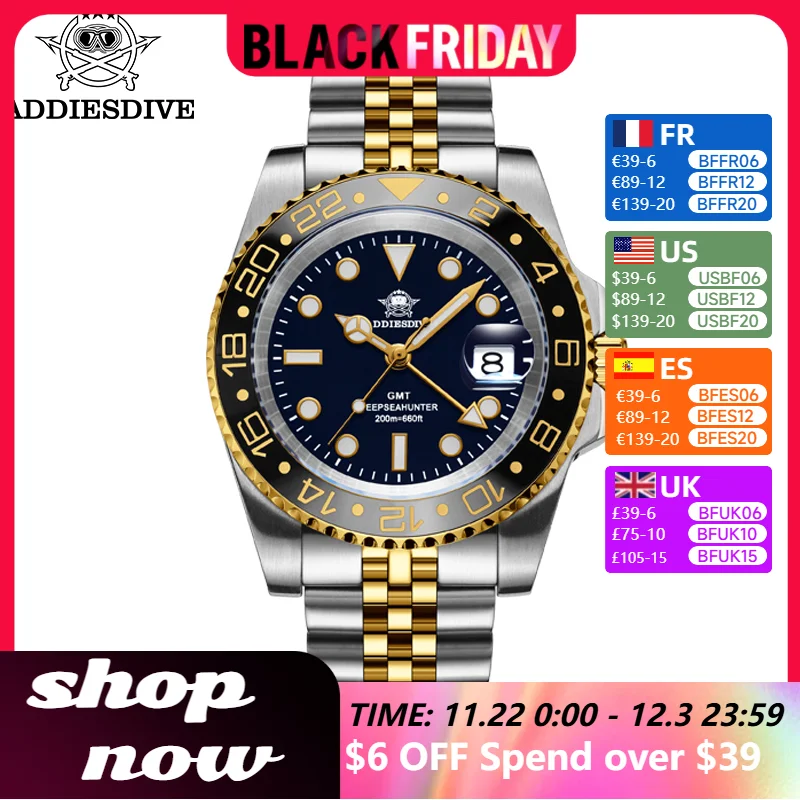 Addiesdive Horloges Mannen 40Mm Luxe Gouden Keramische Bezel Bgw9 Super Lichtgevende 200M Dive Rvs 515-24H Gmt Quartz Horloge