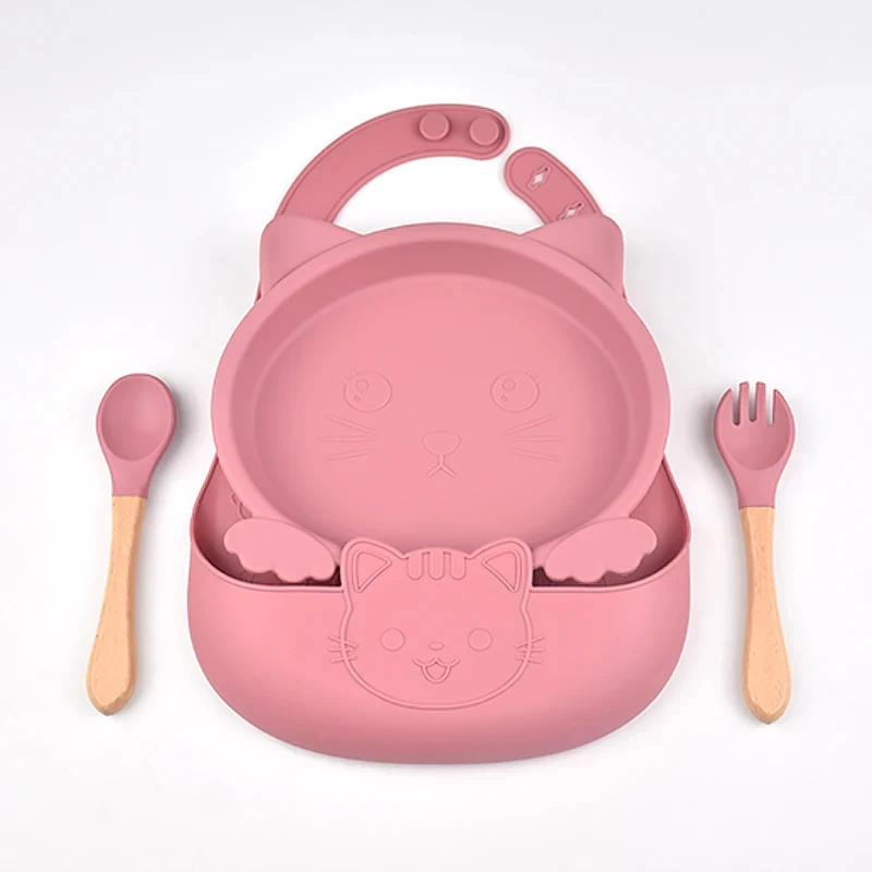 

4pcs/Set Kitten Print Baby Tableware - Food Grade Silicone Toddler Feeding Plate Spoon Fork And Waterproof Bib Dishwasher Safety