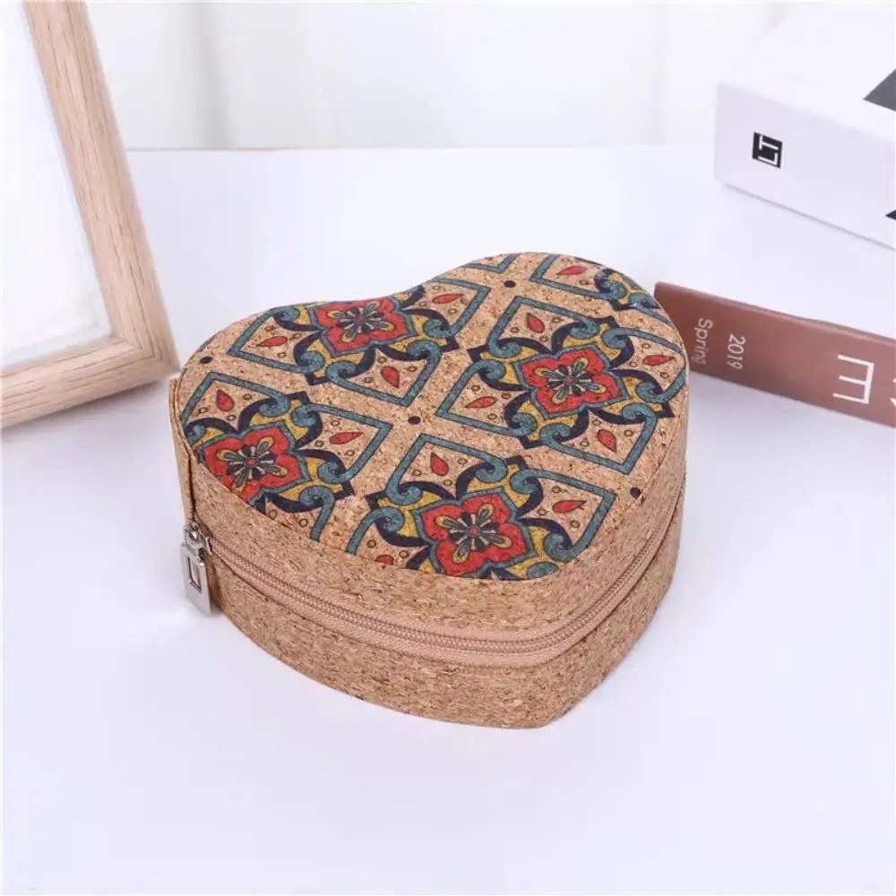 Zipper Heart Shaped Jewelry Box Vintage Bohemia Ring Earrings Organizer Flowers Lightweight Cork Jewelry Storage Case