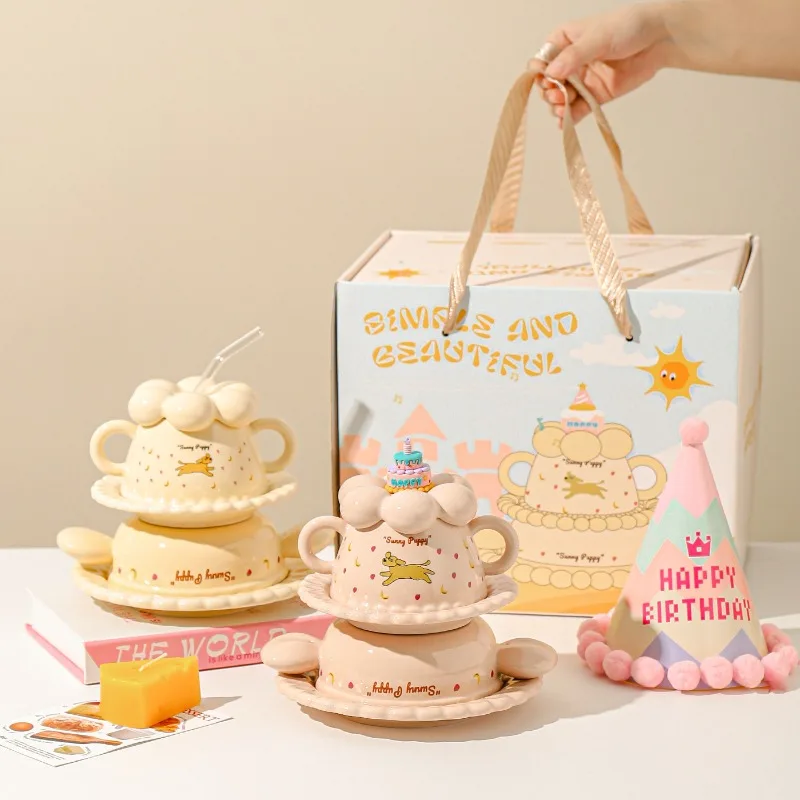 

Cute Dinnerware Set Creative Cake Shape Tableware for One Person Ceramic Bowl Plate Cup Set Adorable Gift for Birthday or Home