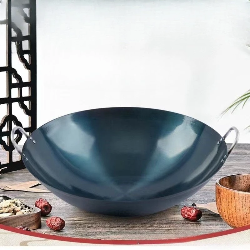 

Household firewood stove, large pot, kitchen stir fry, blue pan, old-fashioned uncoated pot, double ear round bottom iron pot