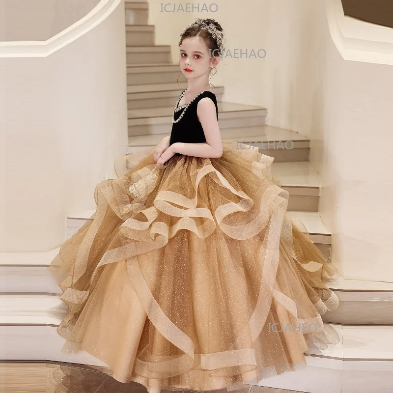 Children Girls Black Yellow Kids Birthday Princess Dress Host Piano Performance Clothes Patchwork Long Sleeveless Evening Gown
