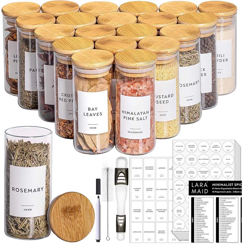 

4oz 10/20Pack Spice Jars with Minimalist Spice Labels, Round Jar Canisters with Polished Bamboo Lids