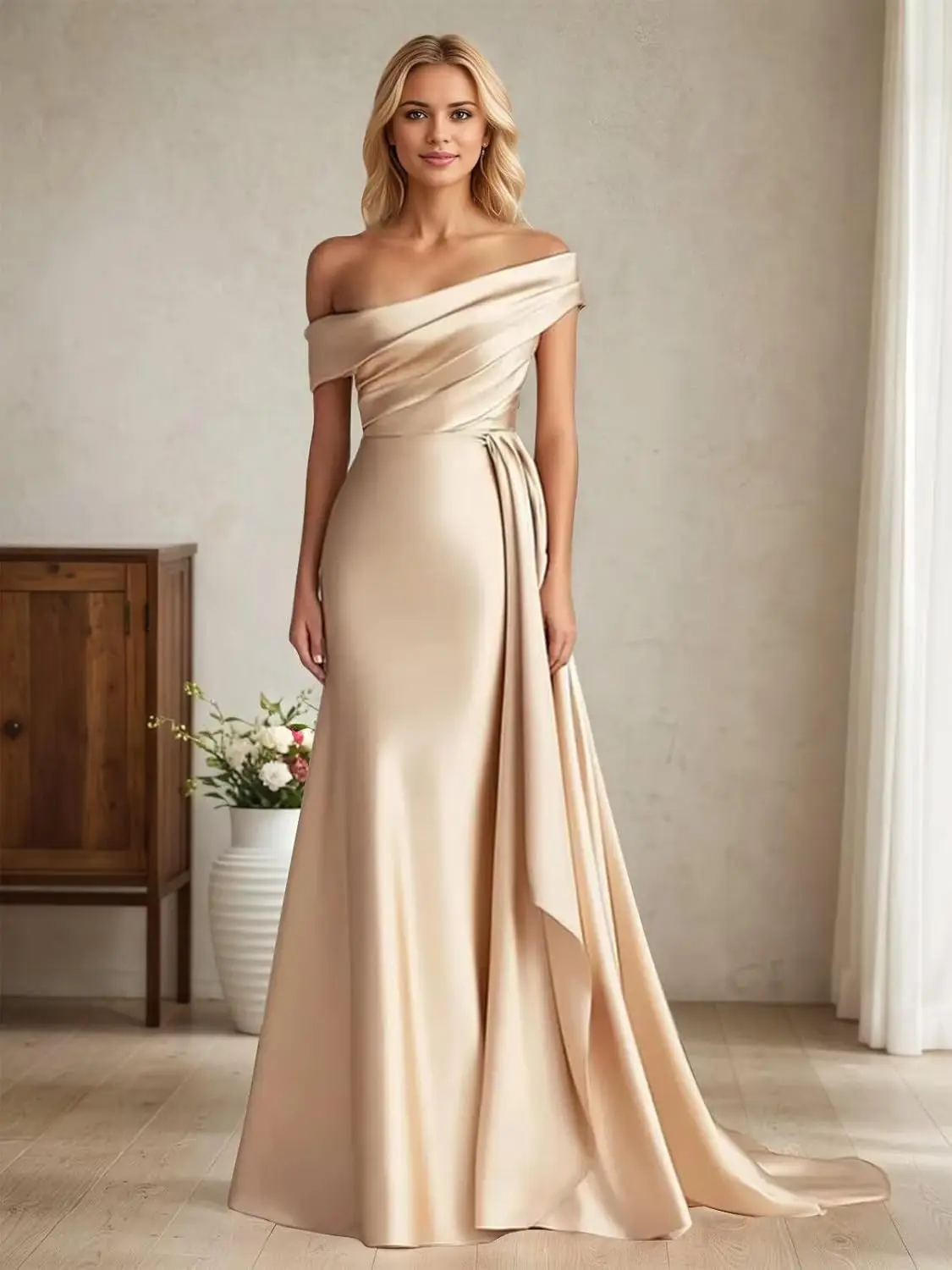 

One Shoulder Satin Bridesmaid Dresses for Women Mermaid Long Pleated Formal Prom Evening Gown with Train