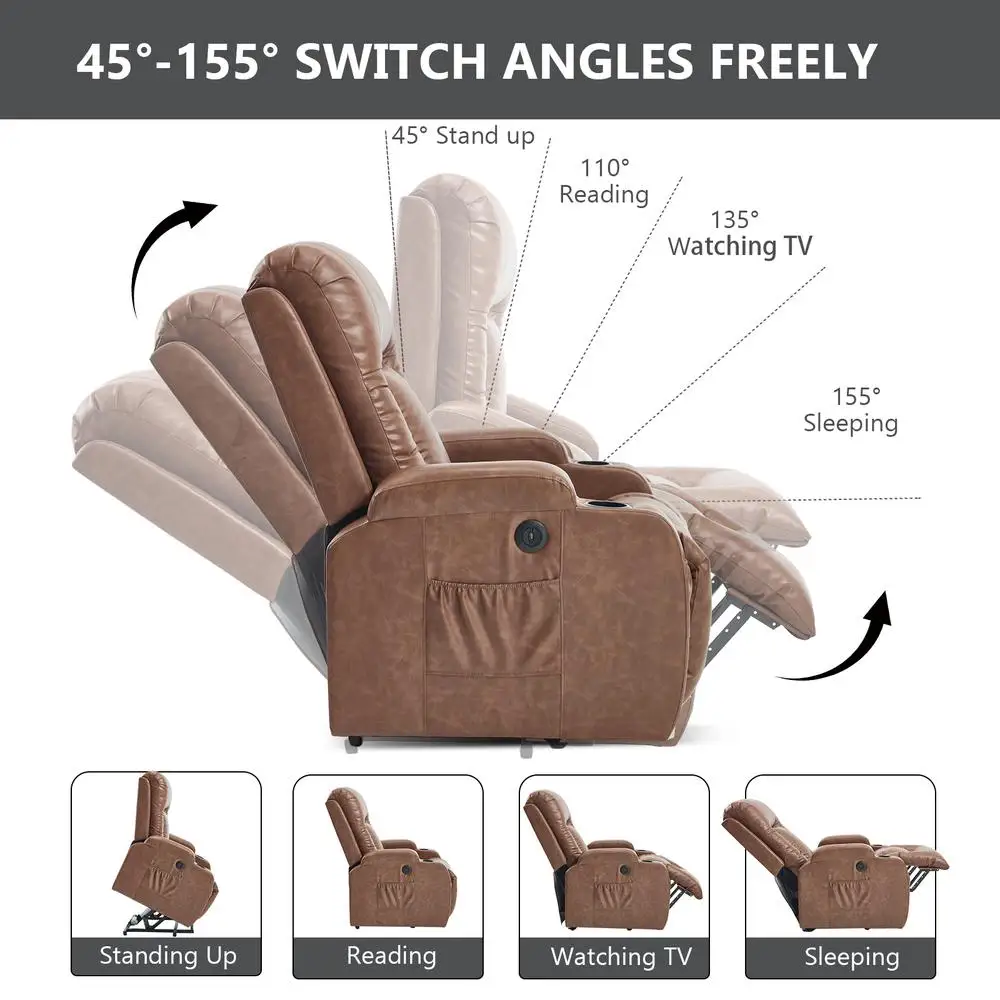 كرسي كرسي رفع الطاقة من البولي يوريثان باللون البني لكبار السن شديد التحمل 350 رطل مع حامل أكواب بمنفذ USB للتدليك ذو 8 نقاط #4