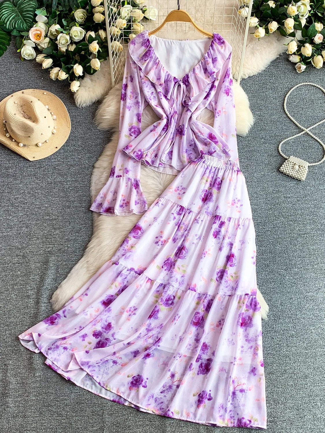 

Romantic Rose Print V-Neck Bell Sleeve Shirt And Long Skirt Two-Piece Set Elegant Age-Defying Fashion for Young Women