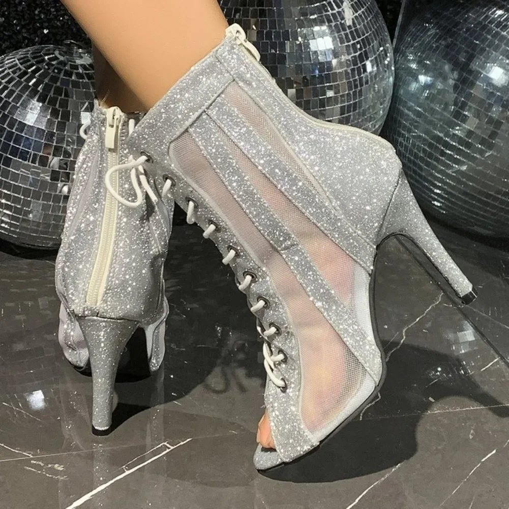 2026 Fashion Round Toe Open Toe Sequin Lace-Up Side Zip Non-Slip High Heel Fish Mouth Shoes Fashion Plus Size Stiletto Sandals
