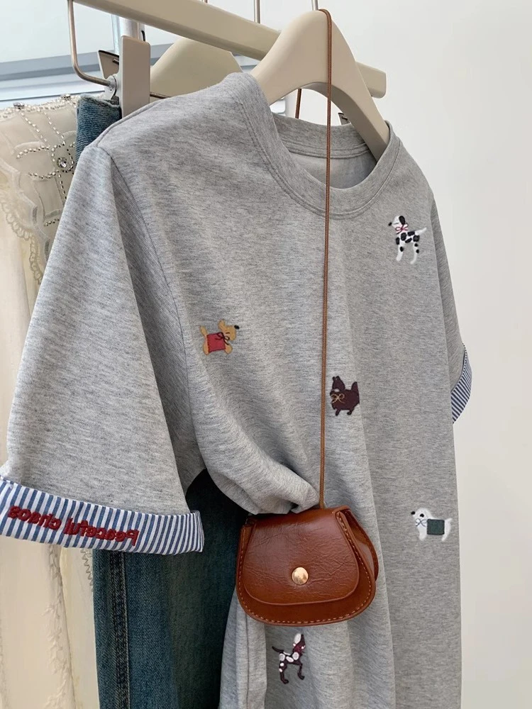 한국 스타일 안티에이징 만화 강아지 스플라이싱 반팔 티셔츠 유니섹스 여름 디자인 심플 매치 숄더 트렌디 탑