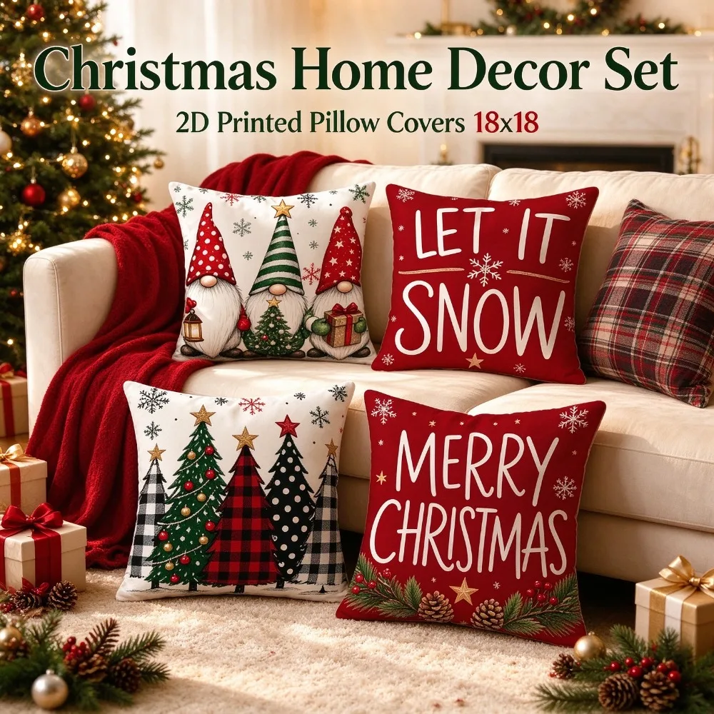 2D Printed Christmas Pillow Cover Set of 4, Gnome Xmas Tree Let It Snow Merry Christmas Throw Pillow Covers 18x18 Inch