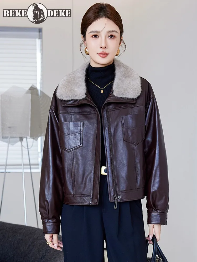 Mode Winter Vrouwen Echt Leer Down Jas Warme Nertsen Bontkraag Rits Loose Fit Straat Schapenvacht Motorfiets Korte Jas