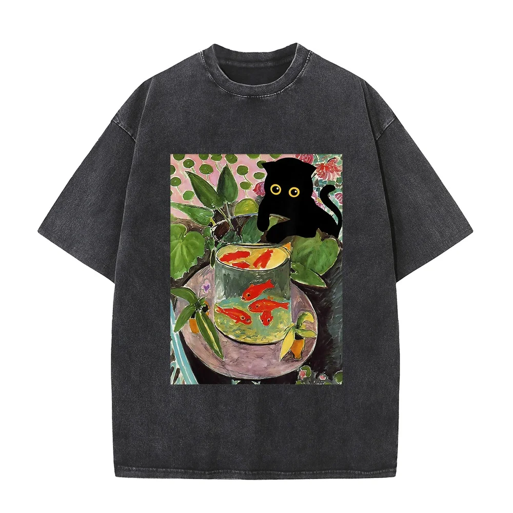 Henri Matisse Goldfish and cat famous Artwork painting T-Shirt Men's Shirt Man Clothing Vêtement Homme Fitted Casual Cotton Men