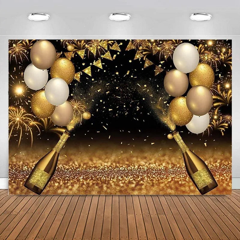 

Black Golden Balloons Champagne Photography Background Graduation Prom Party Backdrops Father's Day Birthday Decoration Banner