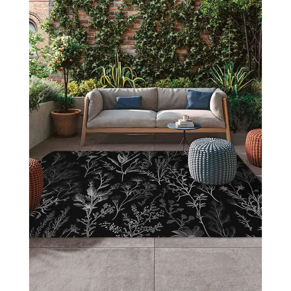 

5x8ft Outdoor Patio Rug with Natural Botanical Leaf Pattern, Washable for Deck, Backyard, Porch - Black Background