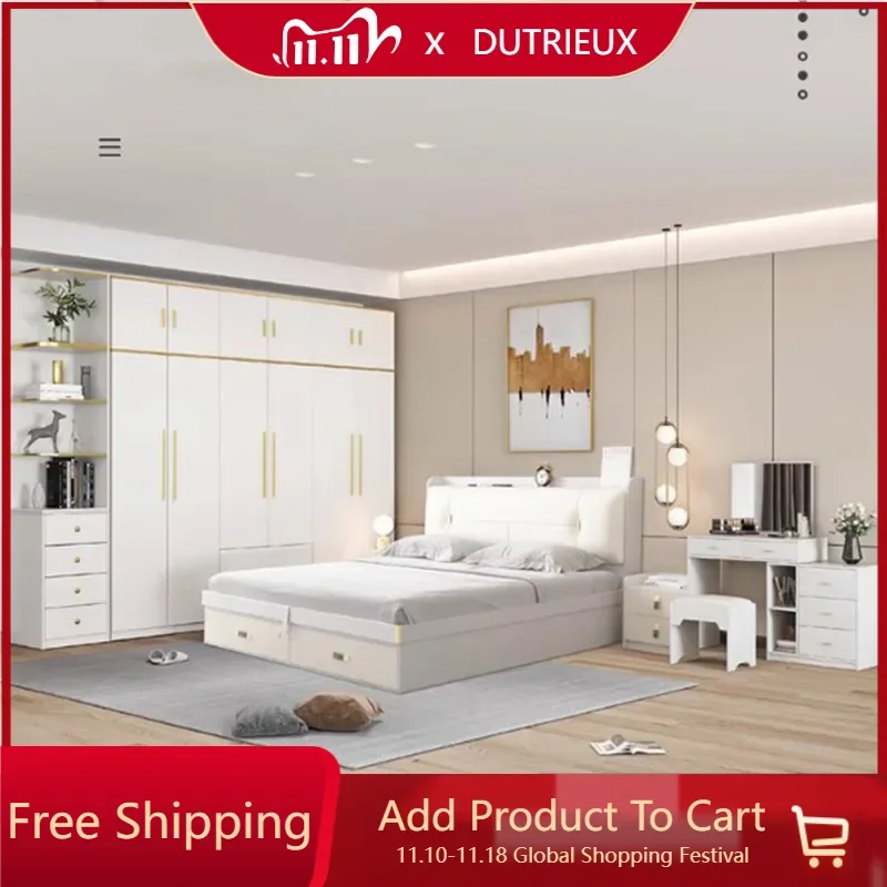 Korean Modern Design Bedroom Set White Dresser Hotel Luxury Double Bedroom Set Storage Comfy Cama Matrimonio Home Furniture