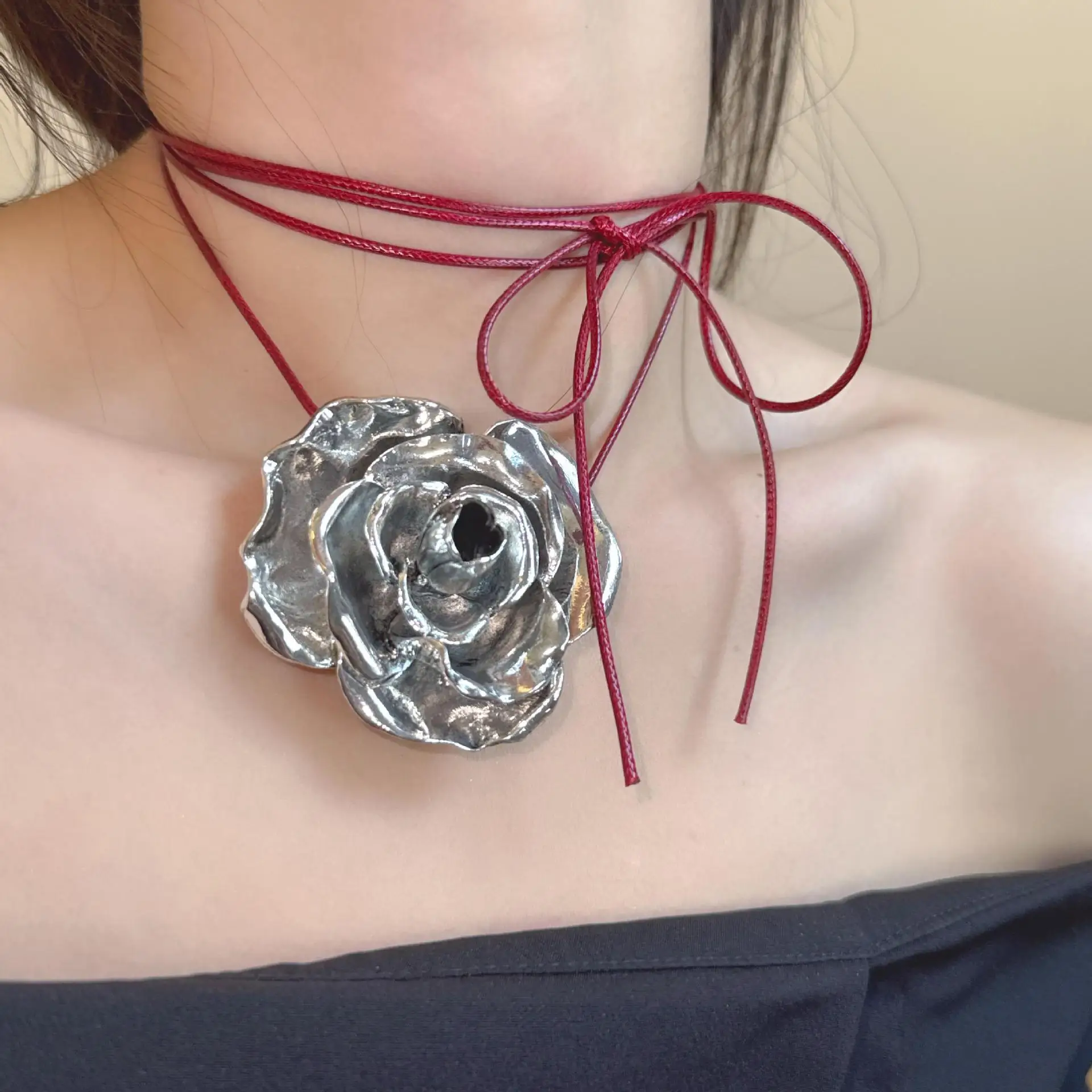 Metal Rose Flower Pendant Necklace for Women Girls Black Leather Rope Adjustable Choker Sexy Jewelry Gifts