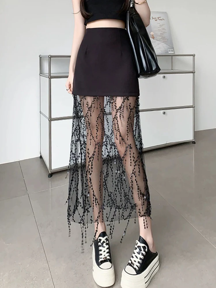 

Retro sequined tassel stitching gauze skirt female spring/summer 2024 new high waist hip skirt fashion Joker long skirt.