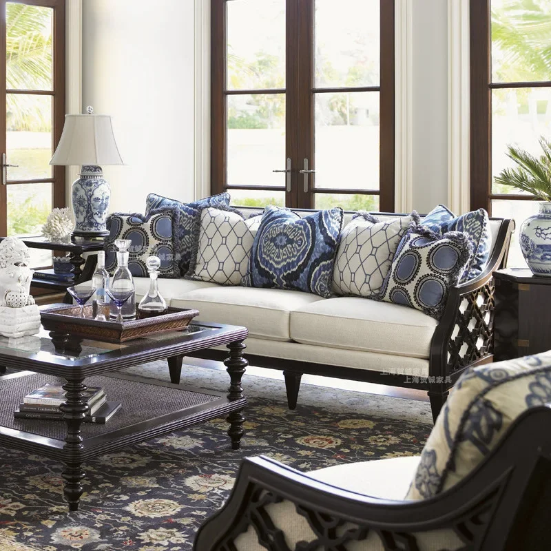 American neoclassical solid wood sofa combination Nordic living room simple light luxury rattan sofa