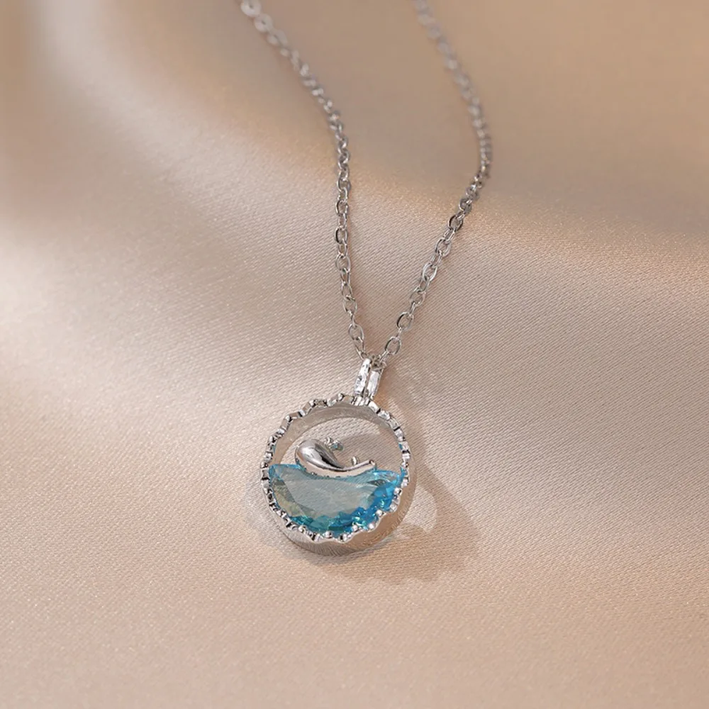 Stainless Steel Cute Sweet Blue Crystal Sea Whale Pendant Necklace for Women New Creative Design Summer Collar Jewelry Colorfast