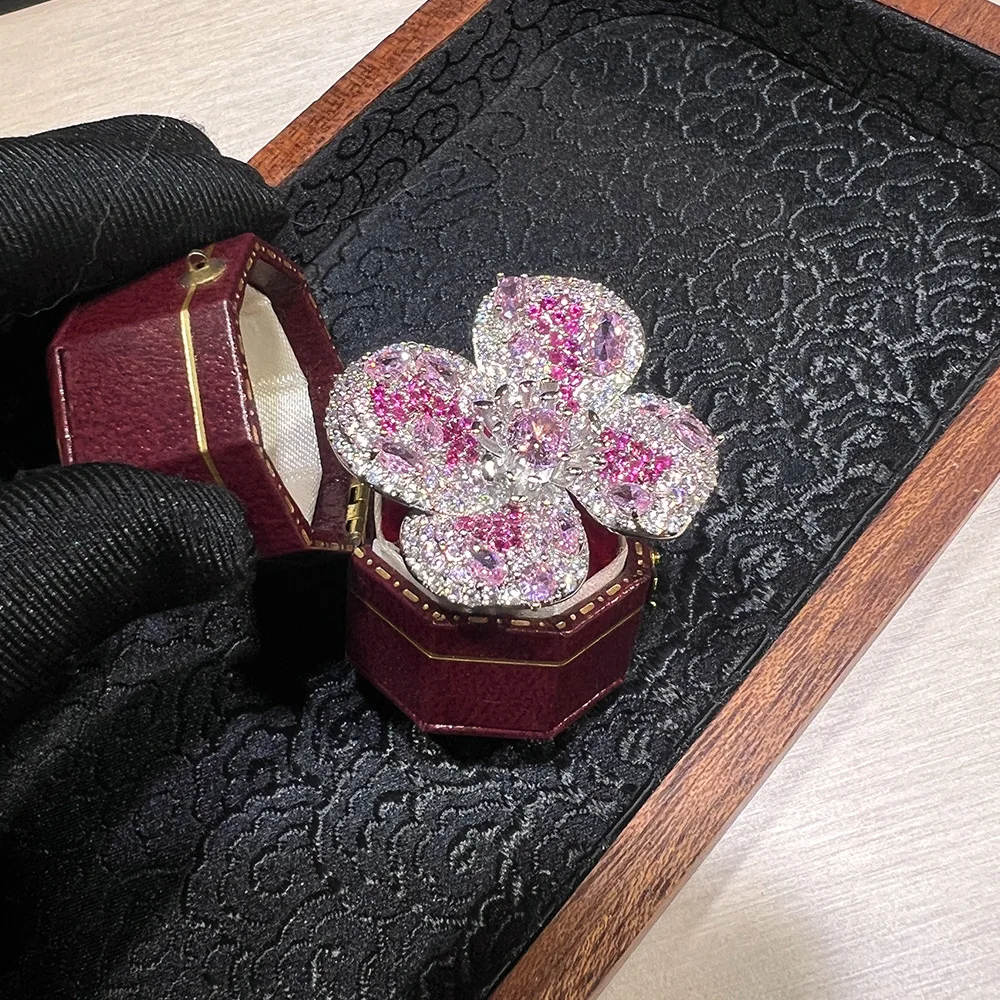Anello aperto di lusso di moda con anello di gioielli con apertura zircone fiore gemma colorata per donna