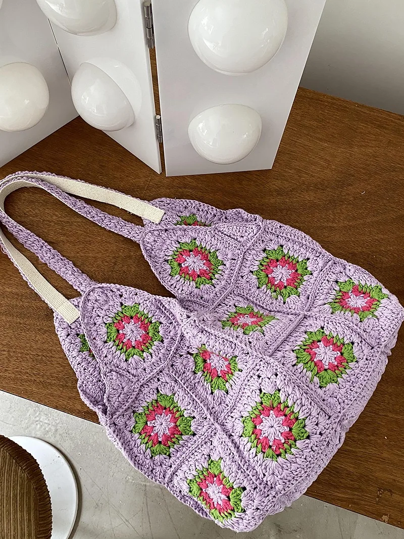 knitted woven shoulder bag woman summer bag beach for girls floral crochet tote bag large fashion shopping bag 2024 new