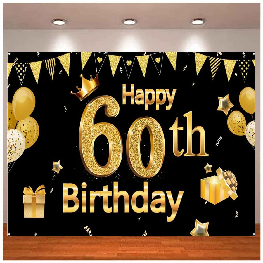 Photography Backdrop Black Gold Sign Poster 60th Birthday Party Decor Supplies Anniversary Banner Photo Booth Background Banner