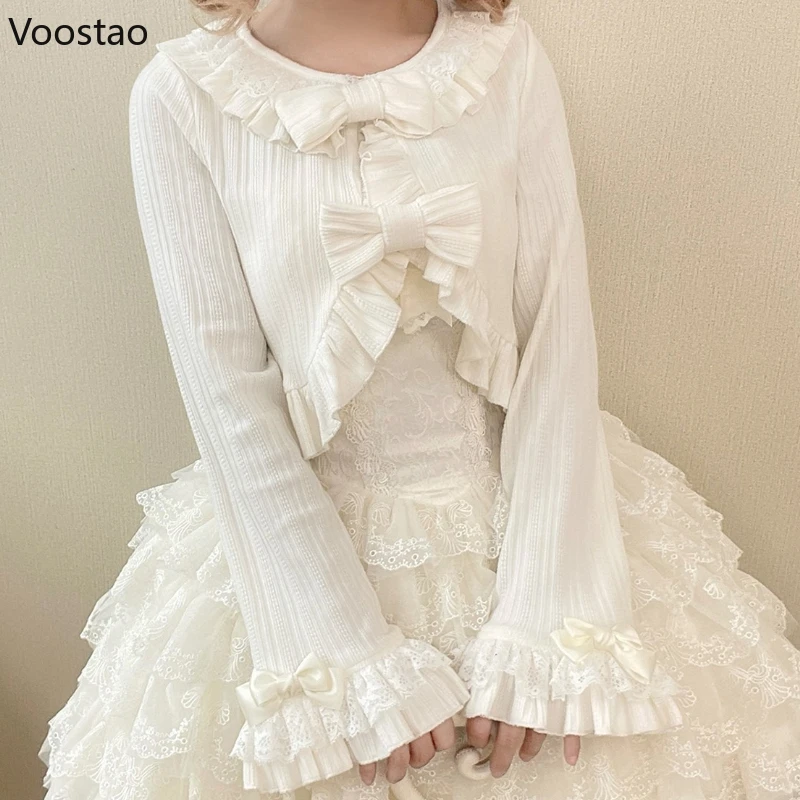 Japanse Kawaii Lolita Stijl Gebreid Vest Vrouwen Zoete Boog Ruches Kant Patchwork O-hals Trui Jas Casual Elegante Leuke Top
