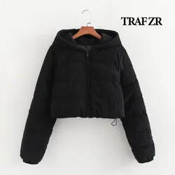 TRAF ZR Hooded Coat for Women Black Short Snow Parka Elegant Luxury Women's Coat Warm Woman Winter Coats Casual Padded Coat