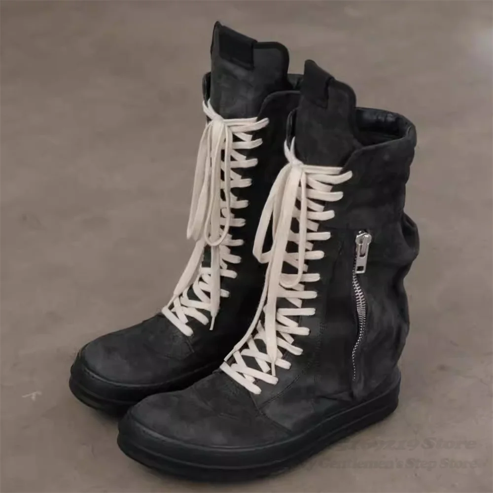 

Black Suede High Top Boot Men New Pockets Decor Lace Up Dark Flat Sports Shoes Trendy Casual Shoes Side Zipper Short Boot