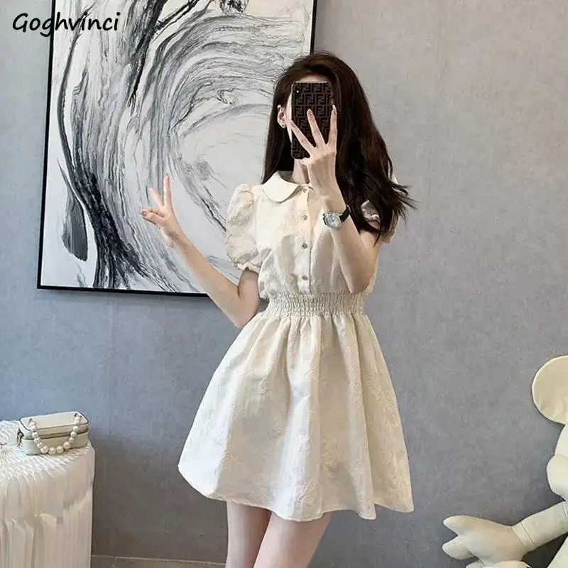 Short Sleeve Dress Women Elegant Popular Simple Solid Ins Young Ladies Korean Style College Cosy Summer Street Wear New Arrival