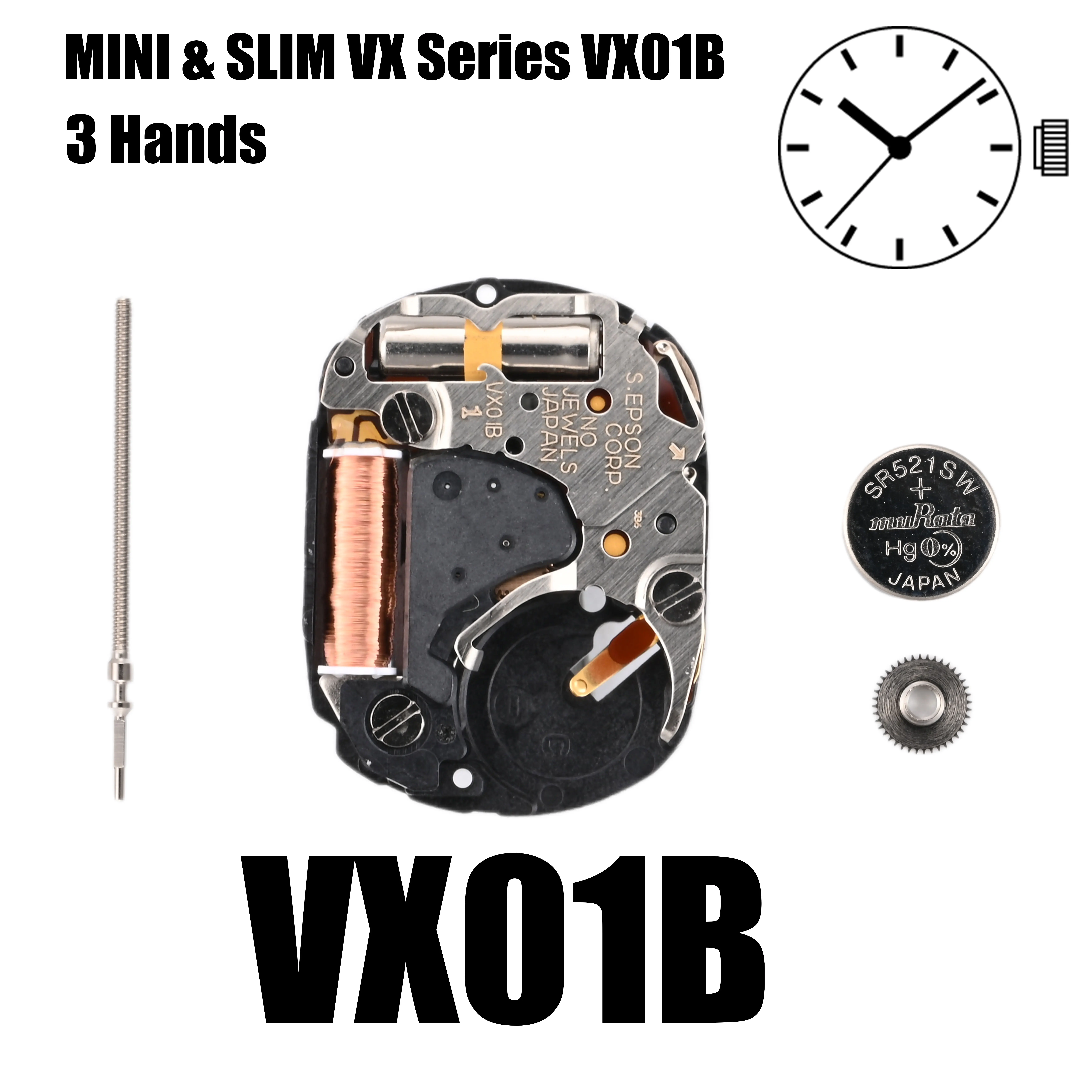 VX01 Movement Epson VX01B Movement Japan Genuine MINI & SLIM Series VX01B Quartz Movement   Size: 4 3/4''' Three Hands