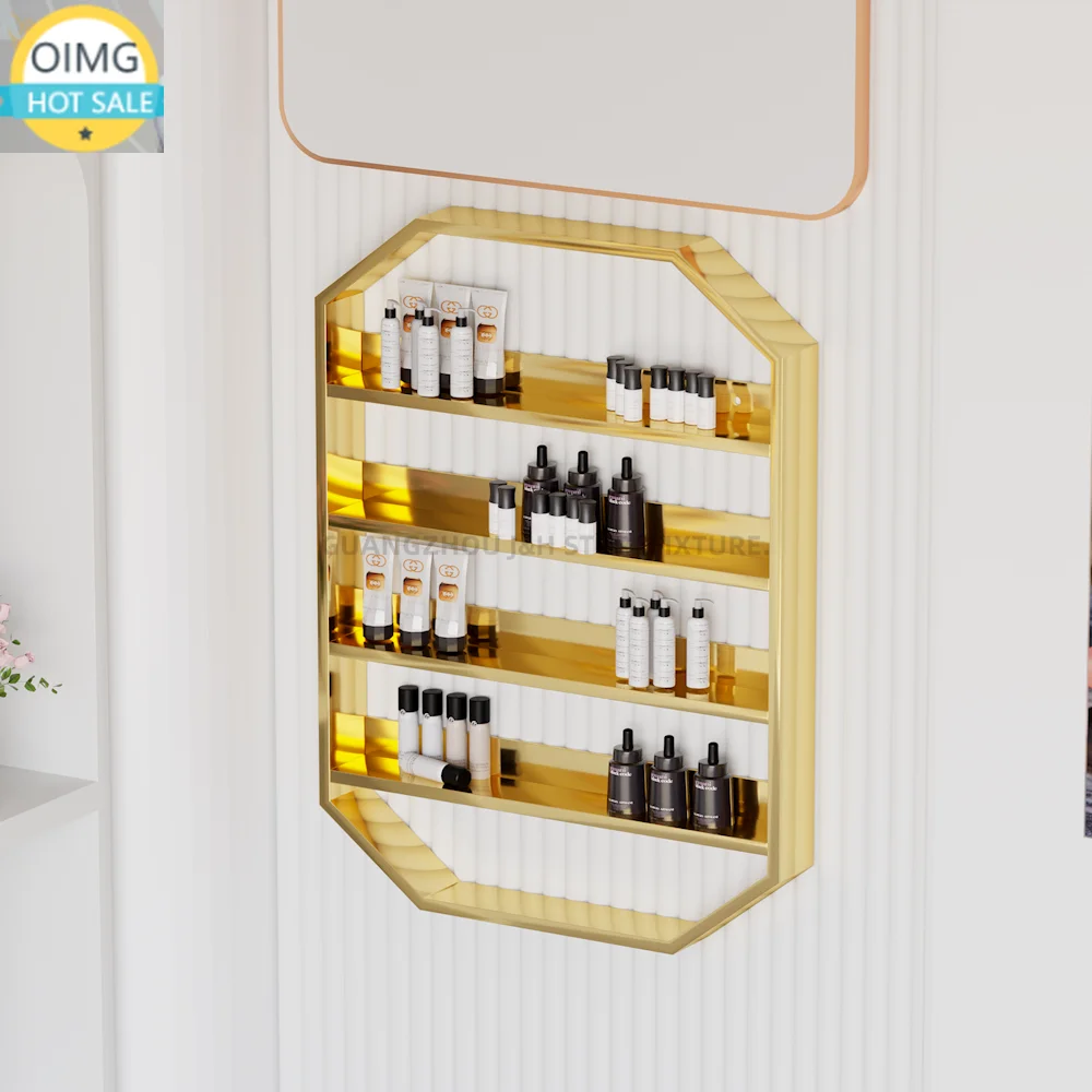 High Quality Golden Nail Polish Shelves Display Wall Mounted Rack Display Nails Polish Stainless Steel for Women Store