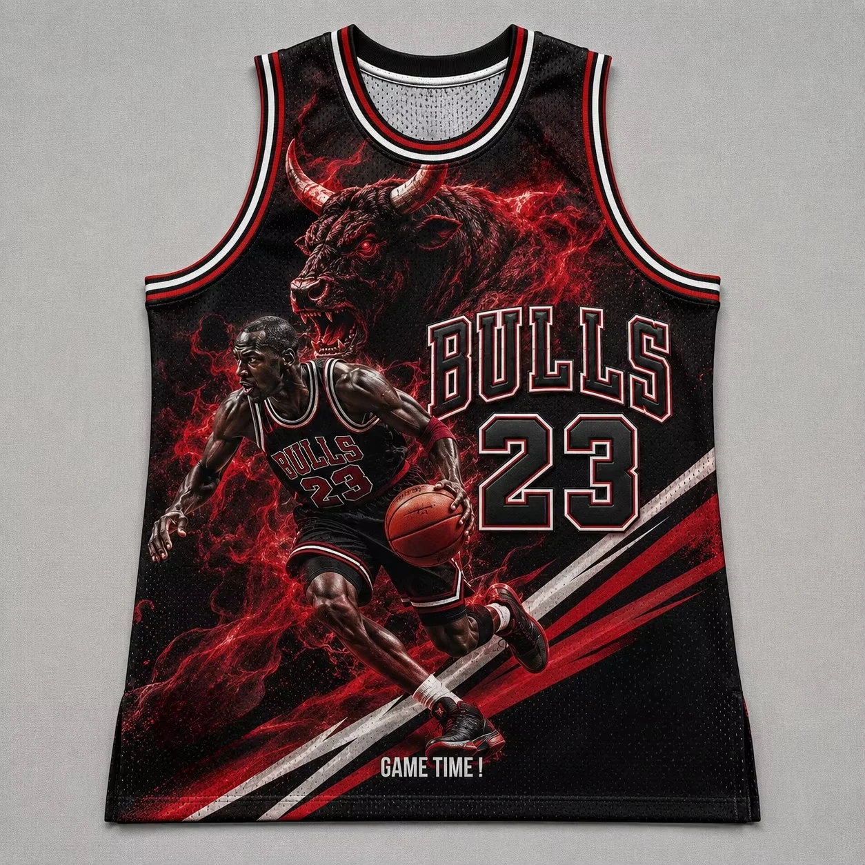 Family Matching Black and Red Gradient Basketball Suit, Bulls Smoked Basketball Print Sleeveless Vest, Retro Sports Fan Vest