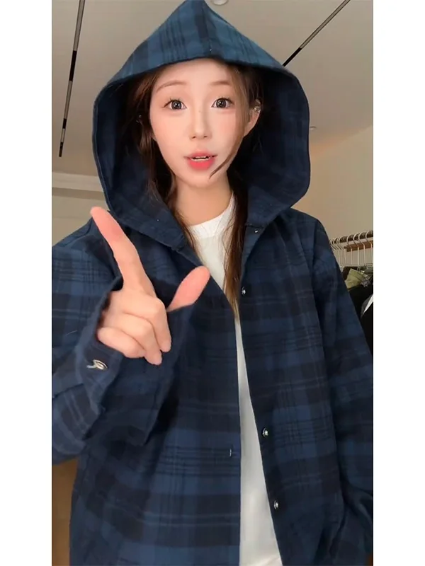 

Vintage Plaid Long Sve Blue irt Men's Casual Hooded Jaet American Retro Sle Loose Fit Youthful Trend Spring Wear