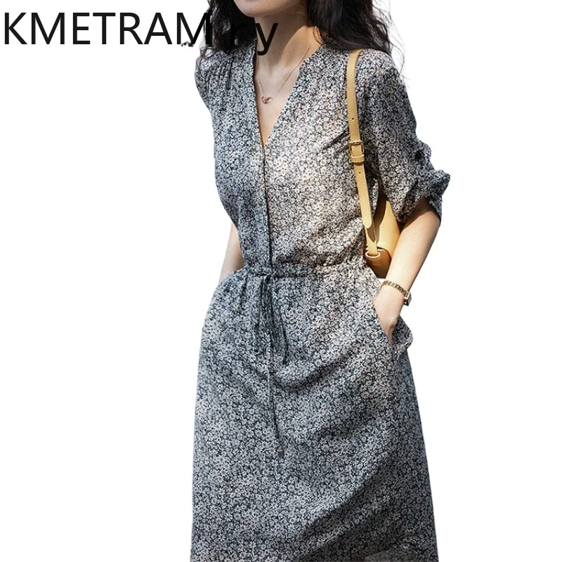 KMETRAM-vestido de seda de morera con estampado francés para mujer, vestidos pequeños de flores blancas, color gris, estilo delgado, novedad de verano, 2024