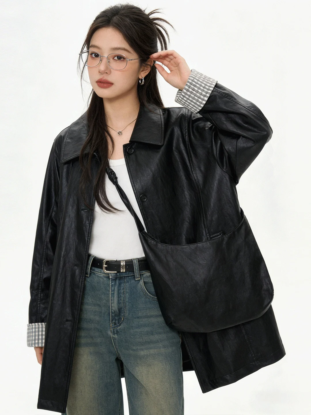 Cool Korean Style Black Motorcycle Jacket Loose Fit Plaid Collar Stand out Spring Fashion Women's Short Outerwear Coat