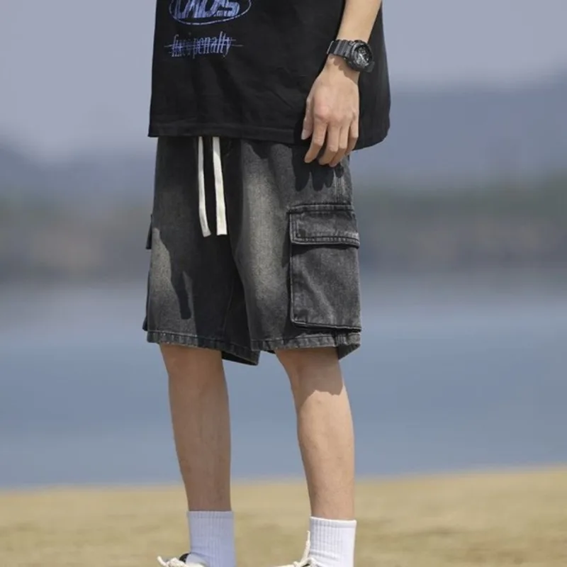 Pantaloni jeans corti da uomo Cargo larghi dritti larghi grigi larghi pantaloncini di jeans da uomo larghi popolari Y2k moda taglio bottoni retrò blu vendita