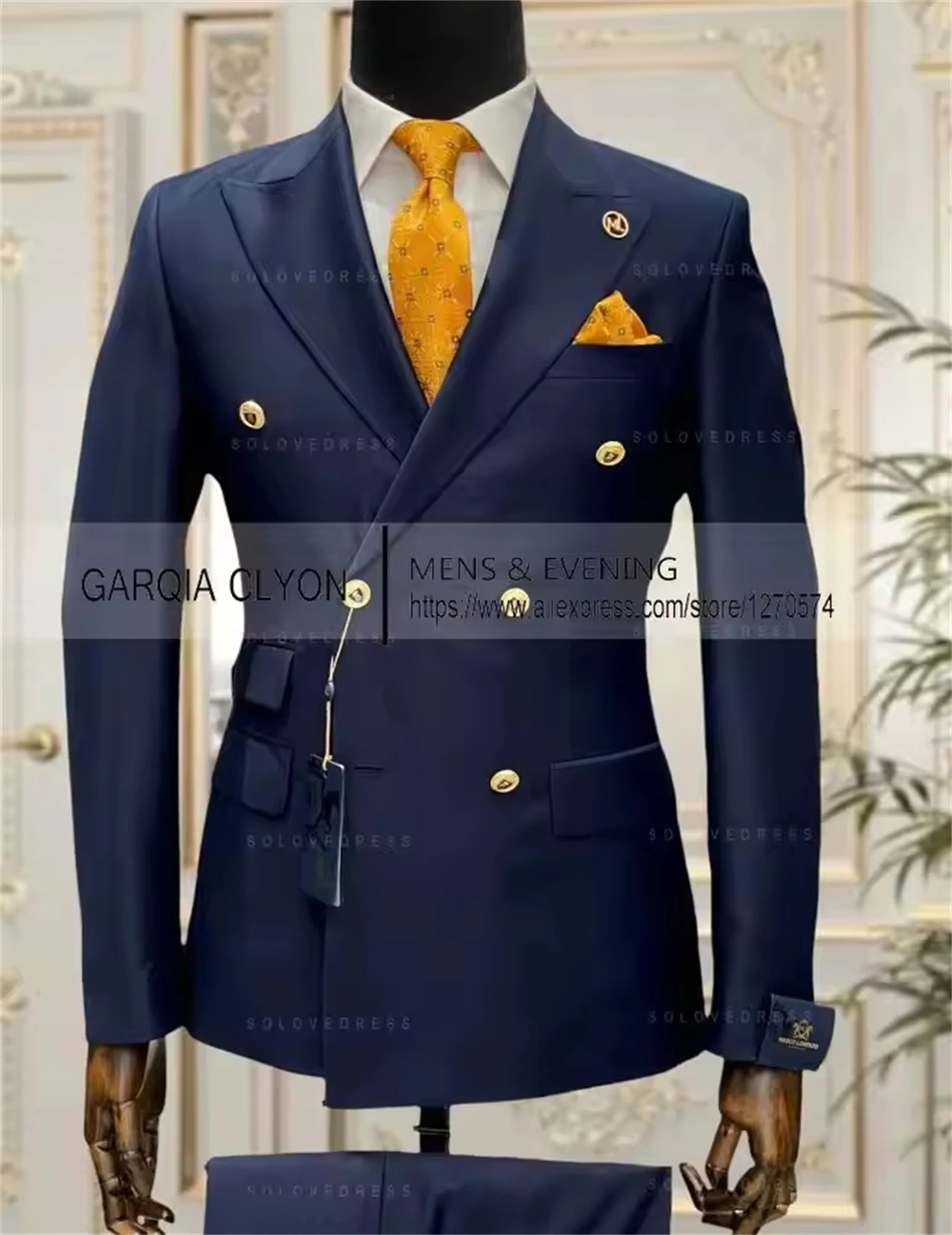 

Navy Blue Men's Suits Double Breasted Slim Fit Wedding Tuxedos 2- Pcs Groom Business Prom Costume (Blazer+Pants)