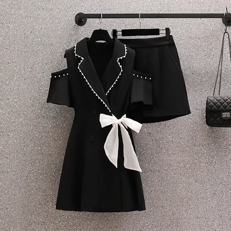 Conjuntos curtos femininos 2 peças fora do ombro com arco verde terno de negócios shorts femininos fino ajuste estilo coreano duas peças novos produtos