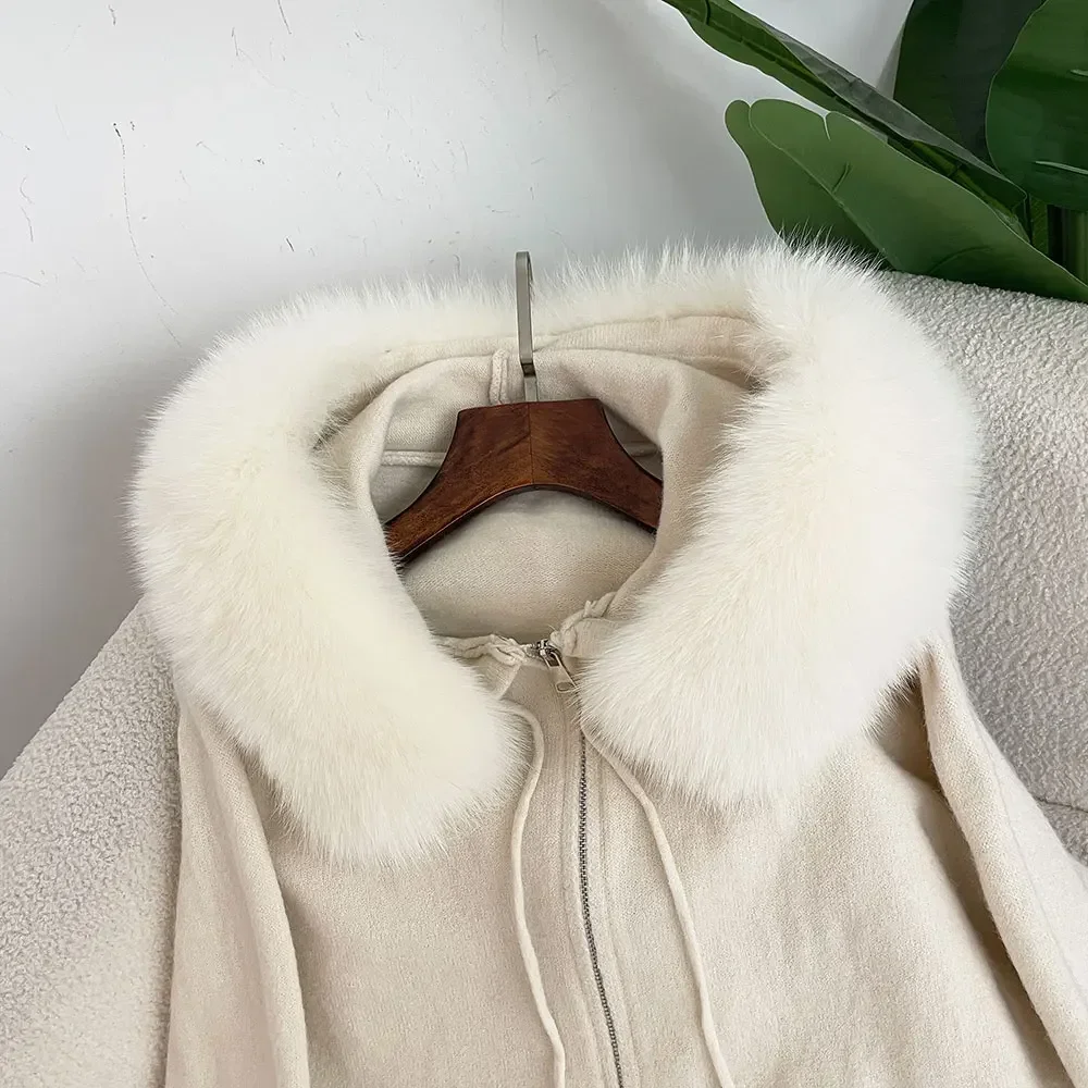 Knitwear 2024 Autumn and Winter Fashionable Sweater Suit Women Trousers Hooded Jacket with Detachable Fox Fur Collar Fur Coat