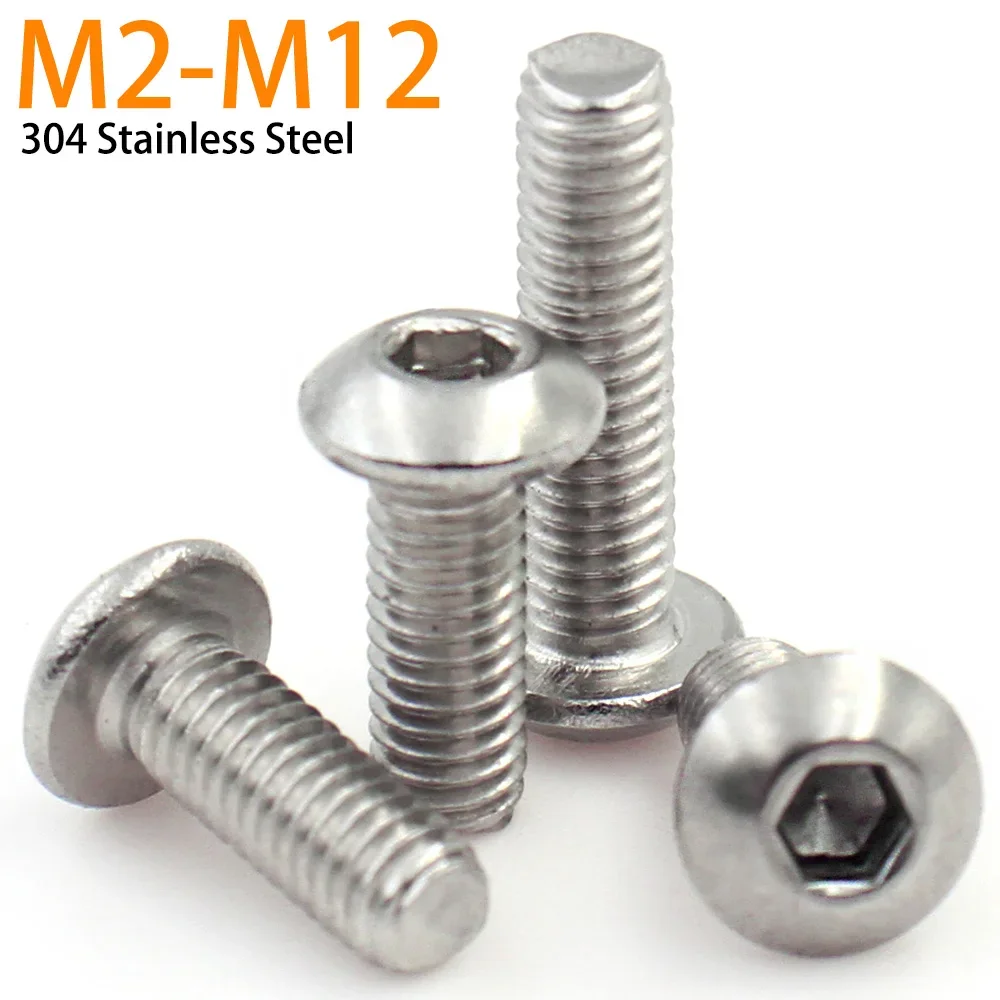 M2 M3 M4 M5 M6 M8 M10 M12 304 Stainless Steel Round Pan Head Hex Hexagon Socket Screw Mushroom Button Head Allen Bolts DIN7380