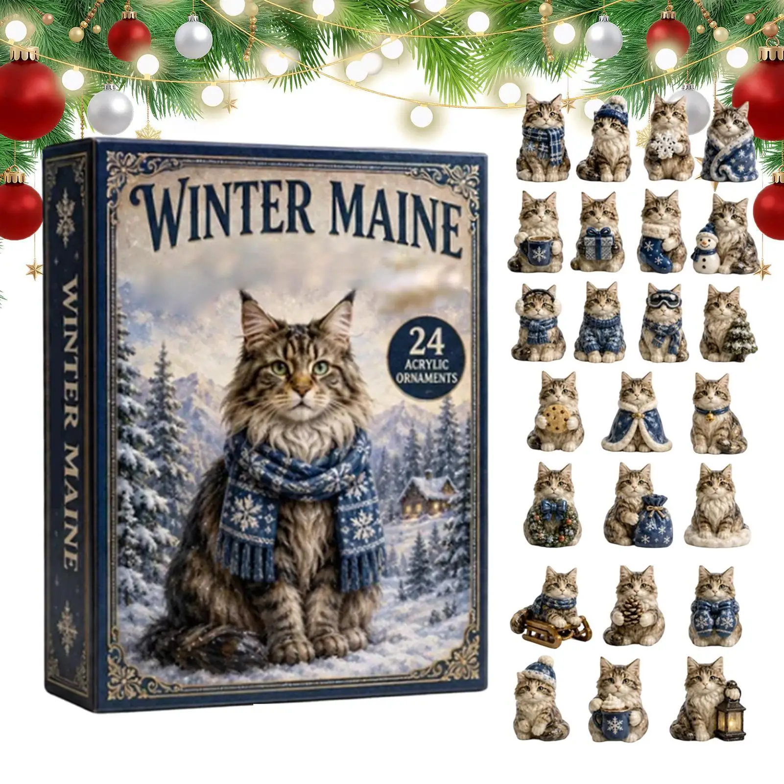 Christmas Countdown Calendar Animal Set 2D Flat 24-Day Holiday Decor Count Down To Christmas Kitten Figurines for Pet Lovers