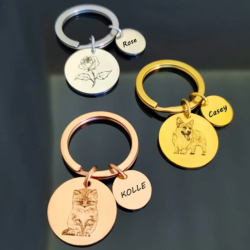 Personalized Men's Keychains Customize Pictures & Pet & Plants & Family Members Two Circular Pendants Stainless Steel Keychain