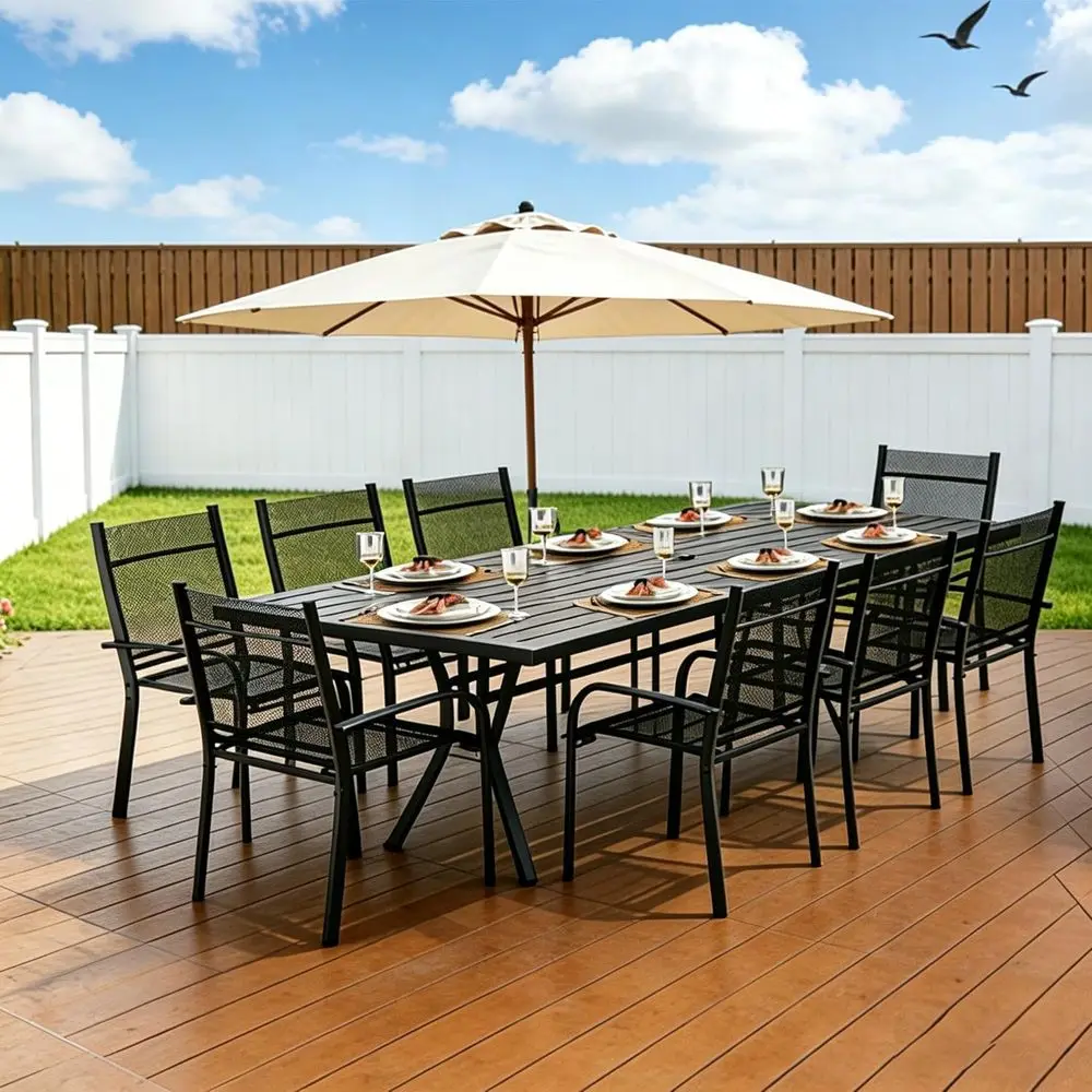 

8-Seat Outdoor Dining Set with 76x36 Table and 8 Chairs, Metal Frame, Umbrella Hole, Ideal for Backyard or Garden