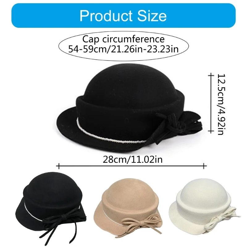 Fashion Wool Fedoras Caps Bowler Hat for Women 20S Flapper Costume Hat Cocktail Party Caps Elegant Winter Warm Round Hat